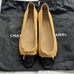 Chanel Beige & Black Lambskin Ballerina Flats, Sz 40